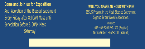 Come and Join us for Exposition 
And  Adoration of the Blessed Sacrament
Every Friday after 8:00AM Mass until 
Benediction Before 8:00AM Mass 
Saturday!

